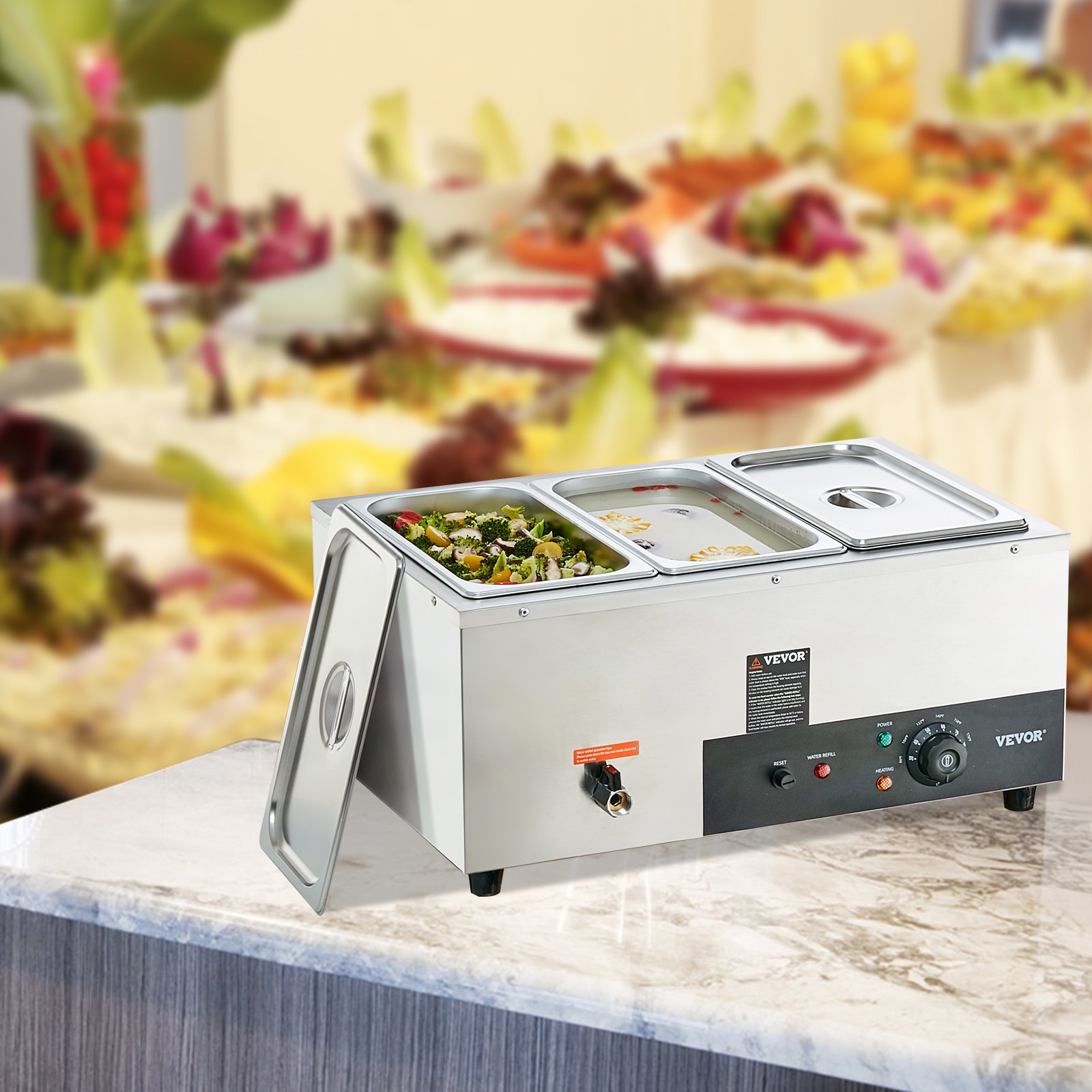 VEVOR Calentador Eléctrico Comercial de Alimentos para Buffet 3x8 Qt Recipiente Calentador de Comida para Evento Exterior 1500 W Baño María Eléctrico de Acero Inoxidable para Jardín Fiesta Barbacoa