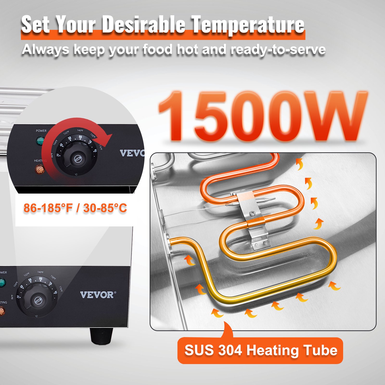 VEVOR Calentador Eléctrico Comercial de Alimentos para Buffet 6x8 Qt Recipiente Calentador de Comida para Evento Exterior 1500 W Baño María Eléctrico de Acero Inoxidable para Jardín Fiesta Barbacoa
