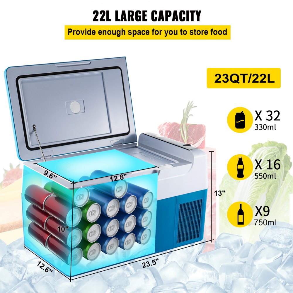 VBENLEM Refrigerador portátil de 23 cuartos de galón (22 litros), control de aplicación de refrigerador de 12 voltios (-4 °F ~ 68 °F), refrigerador de compresor eléctrico para coche con 12/24 V CC y 1