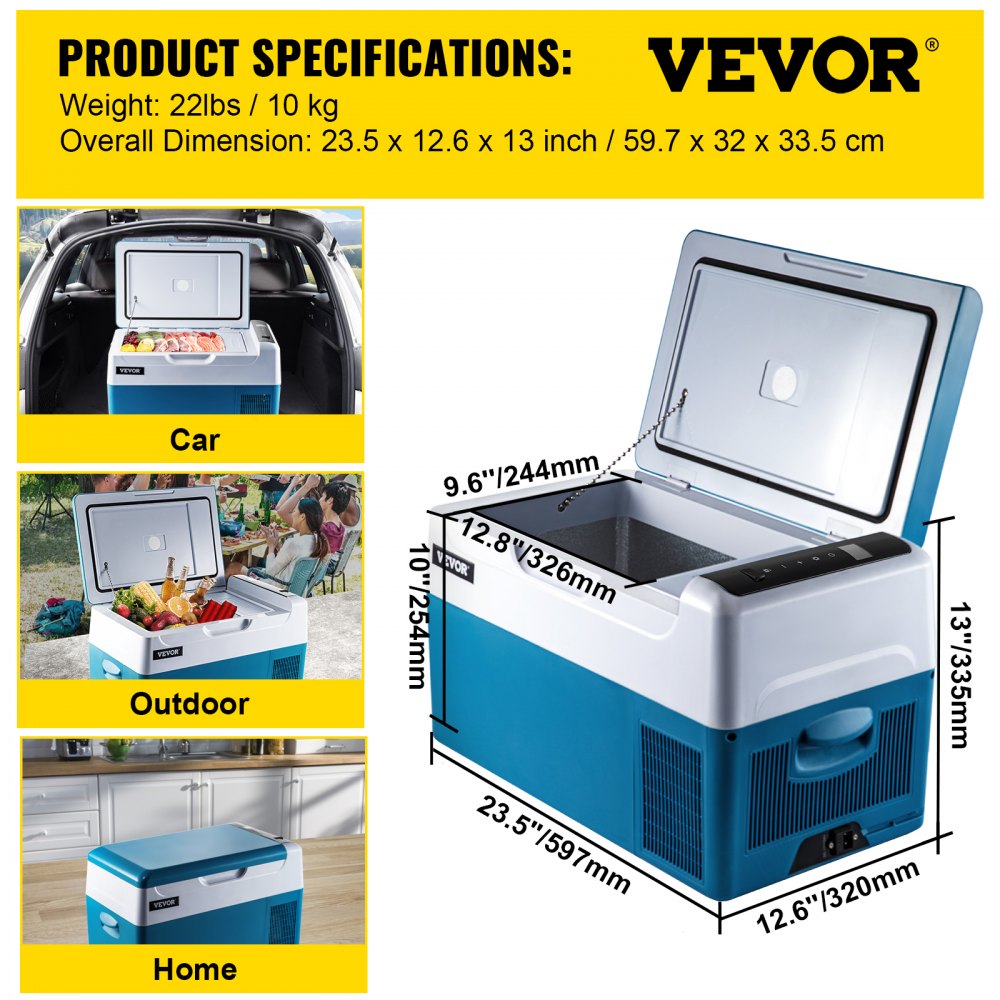 VEVOR Refrigerador portátil de 23 cuartos de galón (22 litros), control de aplicación de refrigerador de 12 voltios (-4 °F ~ 68 °F), refrigerador de compresor eléctrico para coche con 12/24 V CC y 1
