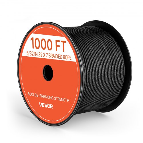 VEVOR Cuerda de Paracord 4 mm x 304,8 m 272 kg Cordón de Nailon Trenzado, con Funda de 32 Hebras, Núcleo de 7 Hebras y Extremos Termosellados para Acampada, Manualidades, Remolque de Emergencia, Negro