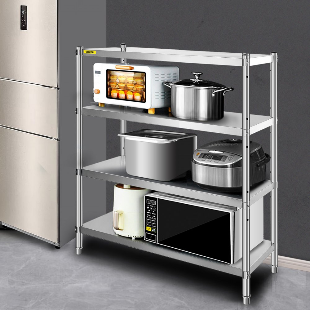 Estantería de acero inoxidable VEVOR con electrodomésticos y utensilios de cocina en una cocina.