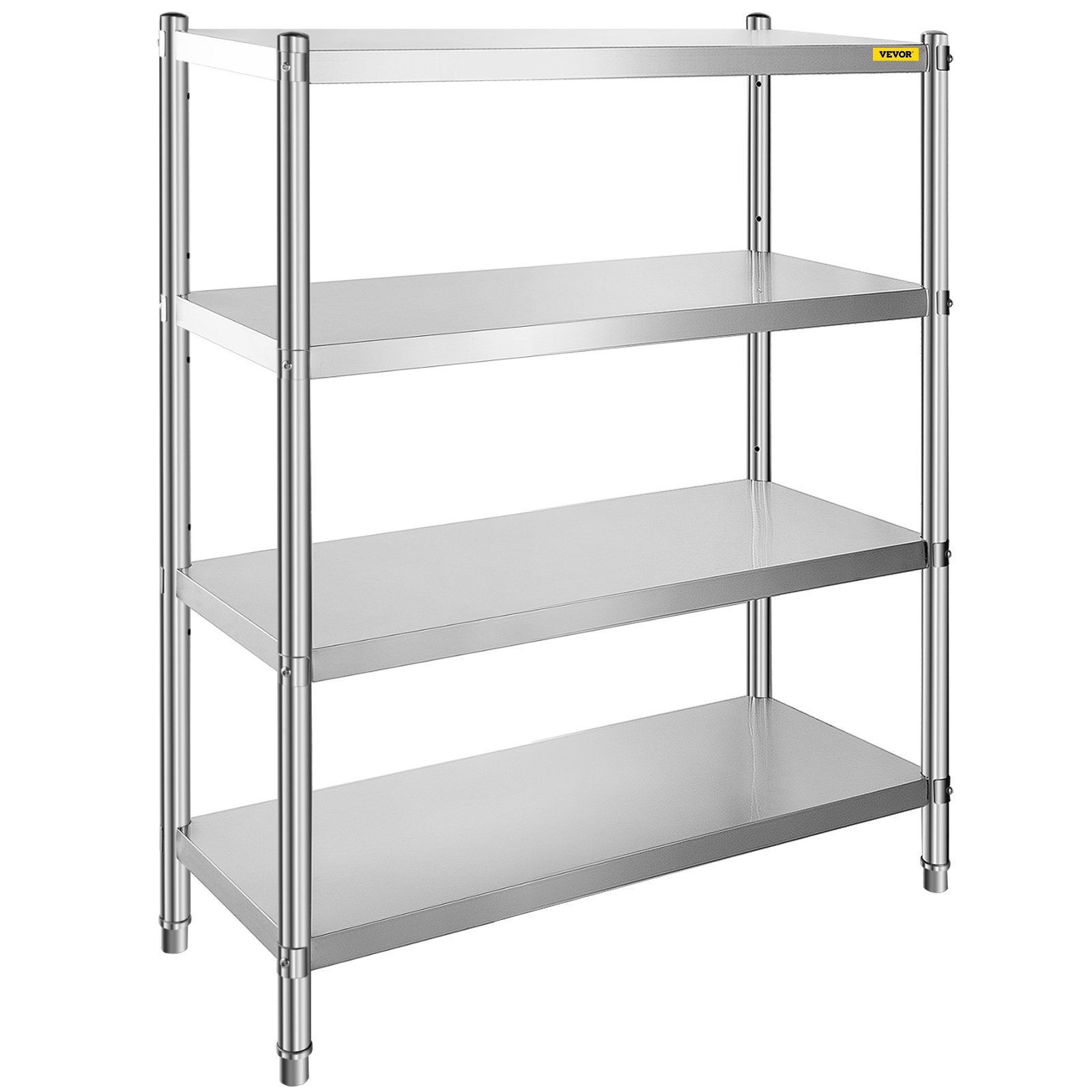 Estantería de acero inoxidable VEVOR de cuatro niveles con estantes resistentes y ajustables.