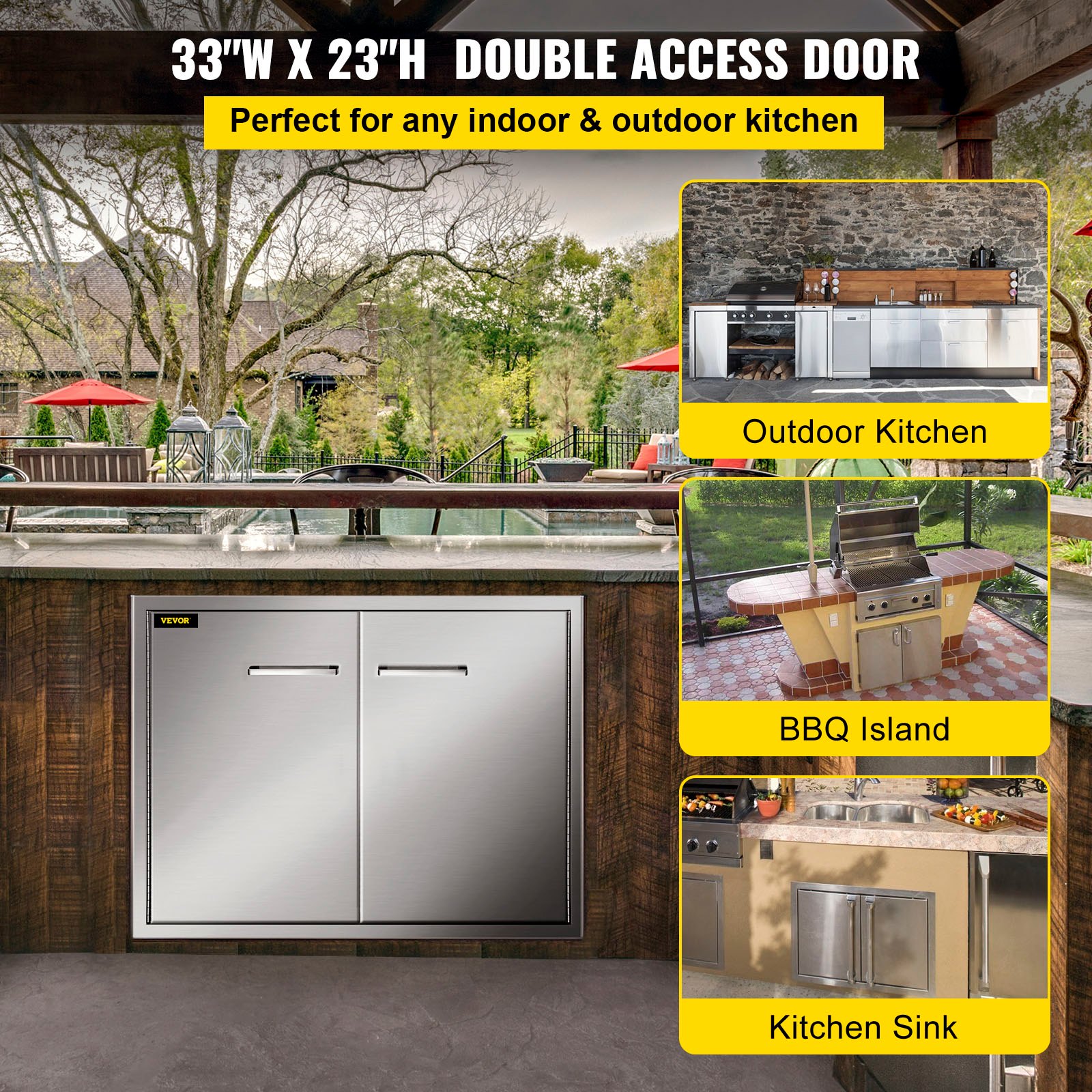 Puerta de acceso para barbacoa VEVOR en configuración de cocina al aire libre con isla de barbacoa y fregadero de cocina.