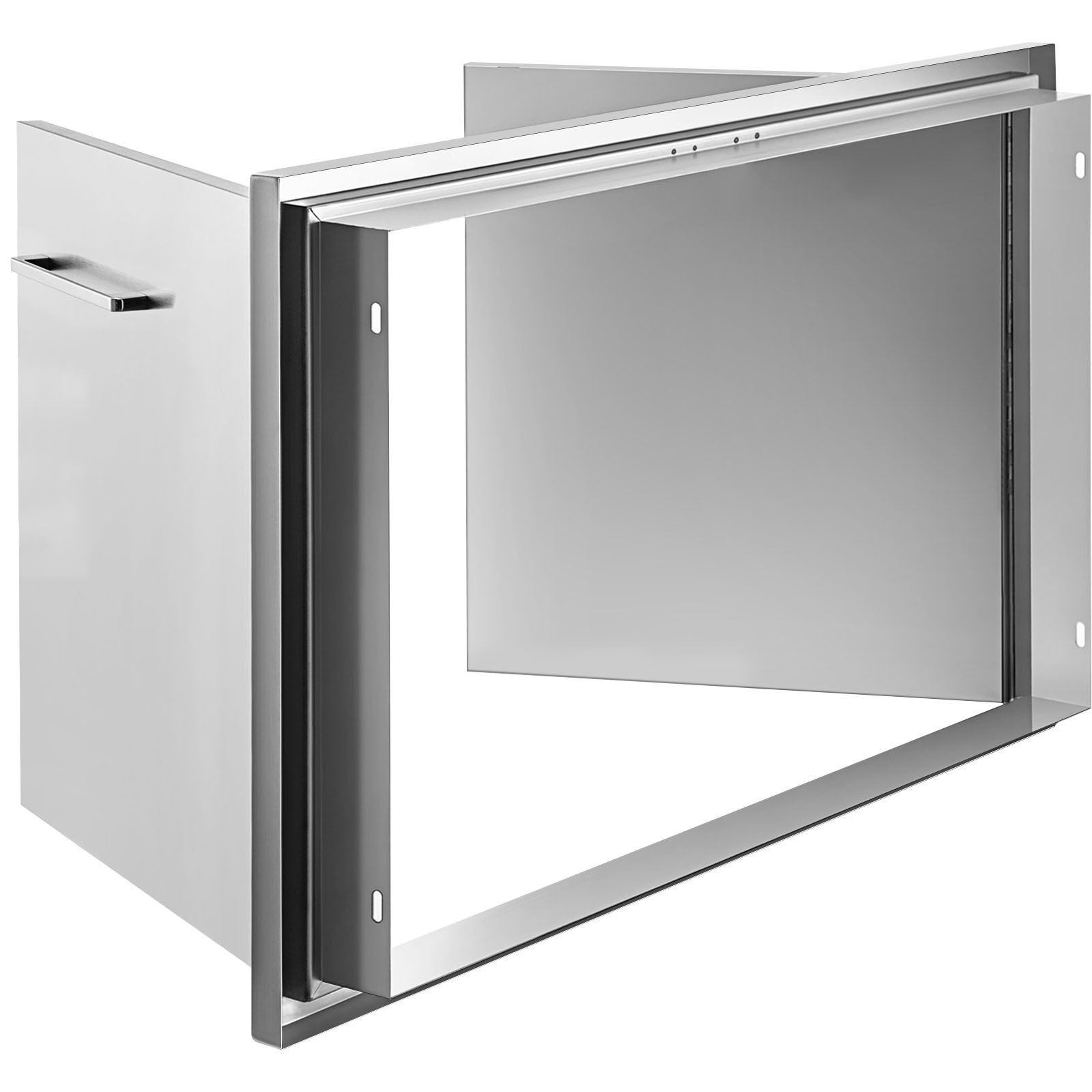 Puerta de acceso para barbacoa VEVOR de acero inoxidable con tirador, vista abierta.