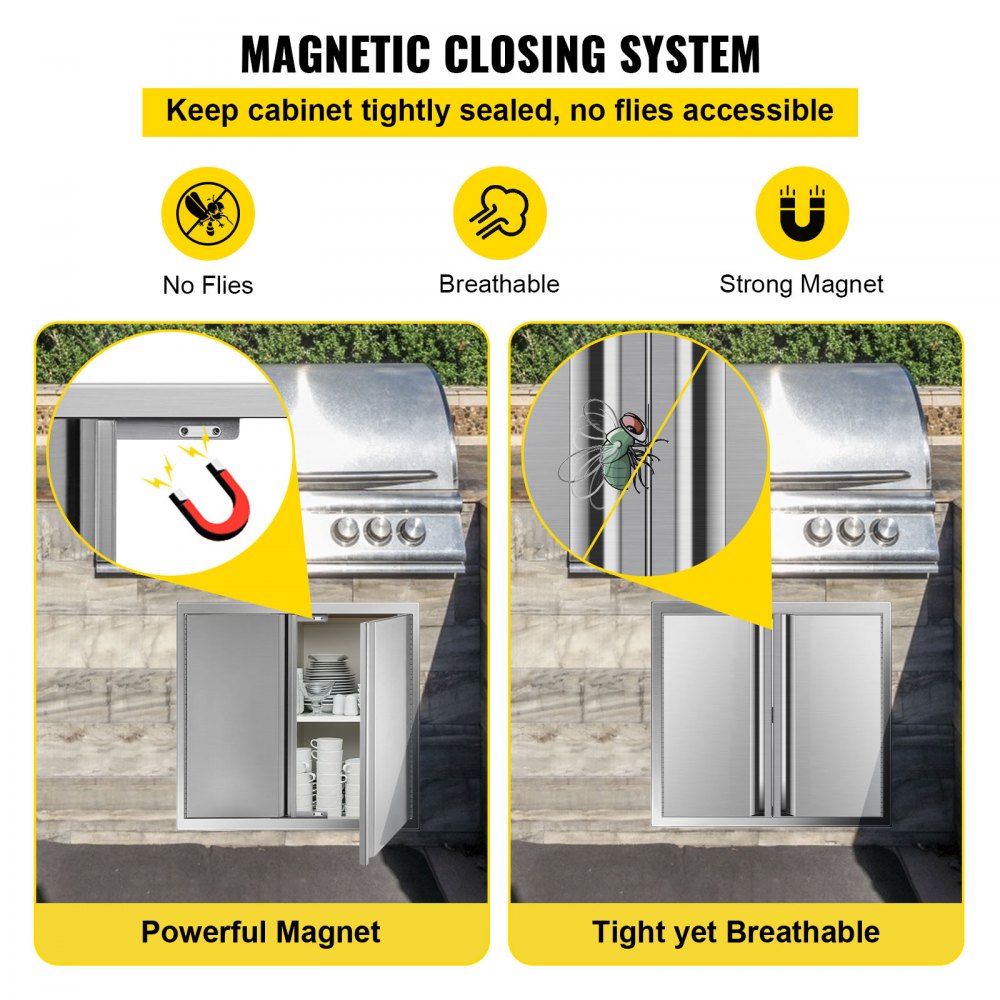 La puerta de acceso para barbacoa VEVOR con sistema de cierre magnético mantiene los gabinetes herméticamente sellados.