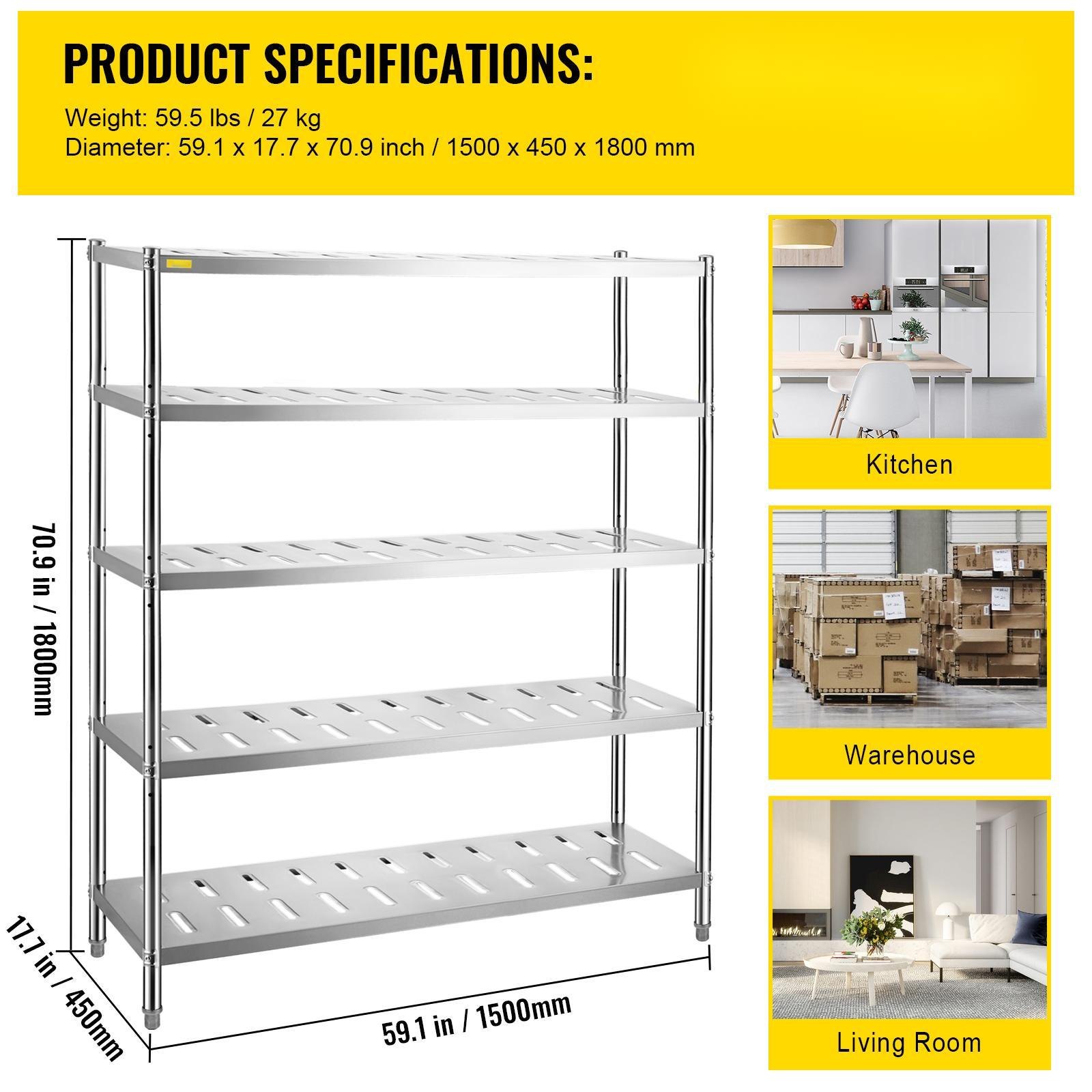VEVOR 5-Tier Storage Rack, Stainless Steel Garage Rack, 150 x 45 x 180 cm Kitchen Shelves, Robust Storage Rack, 300 kg Total Capacity with Adjustable Height & Ventilation Holes for Kitchen, Workshop
