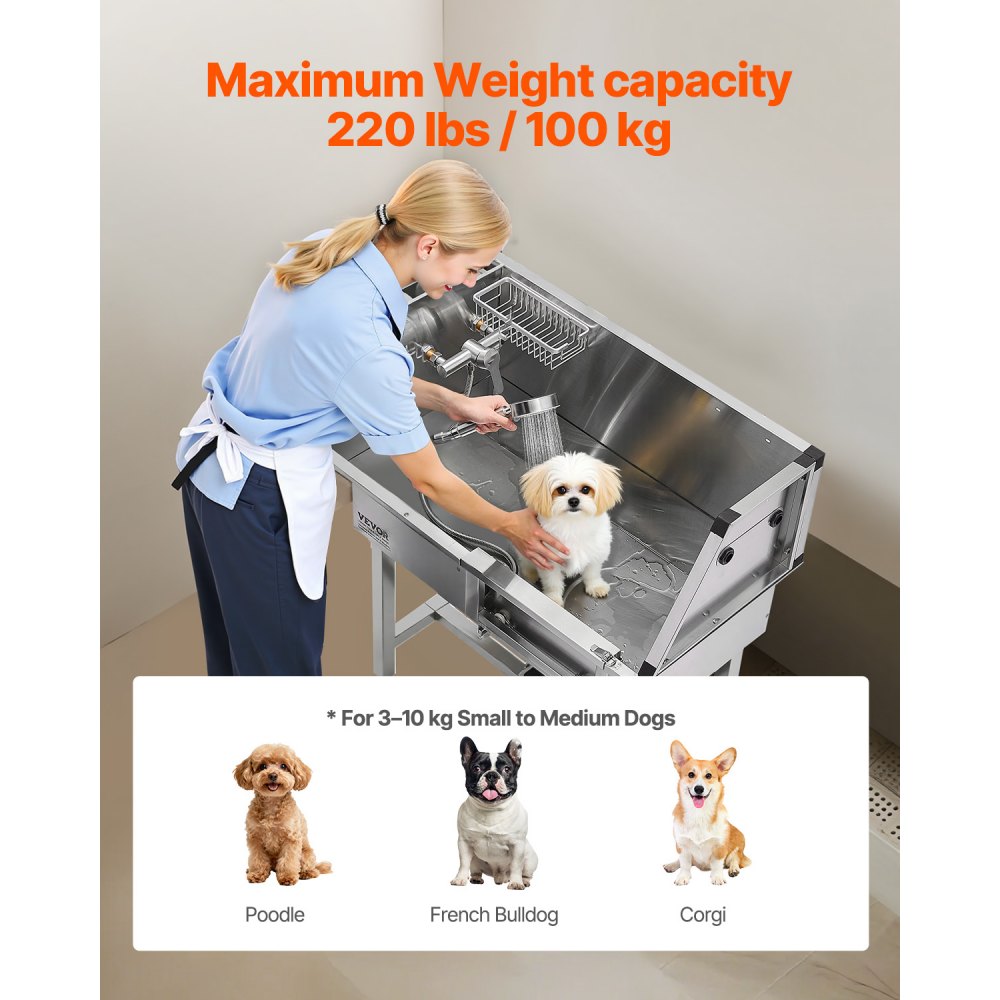 VEVOR Estación de Lavado para Perros 87 cm Acero Inoxidable, Bañera para Mascotas 100 kg con Grifos de Agua Fría y Caliente, Escalera, Drenaje, Ajuste de Presión para Hogar Veterinaria, Puerta Derecha