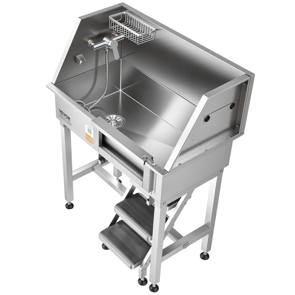 VEVOR Estación de Lavado para Perros 87 cm Acero Inoxidable, Bañera para Mascotas 100 kg con Grifos de Agua Fría y Caliente, Escalera, Drenaje, Ajuste de Presión para Hogar Veterinaria, Puerta Derecha