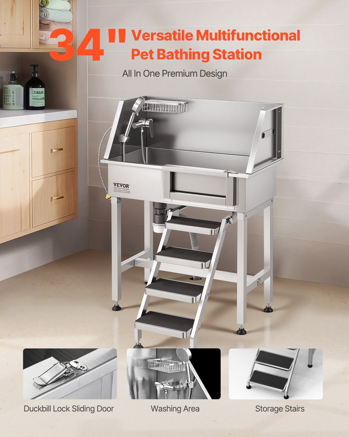 VEVOR Estación de Lavado para Perros 87 cm Acero Inoxidable, Bañera para Mascotas 100 kg con Grifos de Agua Fría y Caliente, Escalera, Drenaje, Ajuste de Presión para Hogar Veterinaria, Puerta Derecha