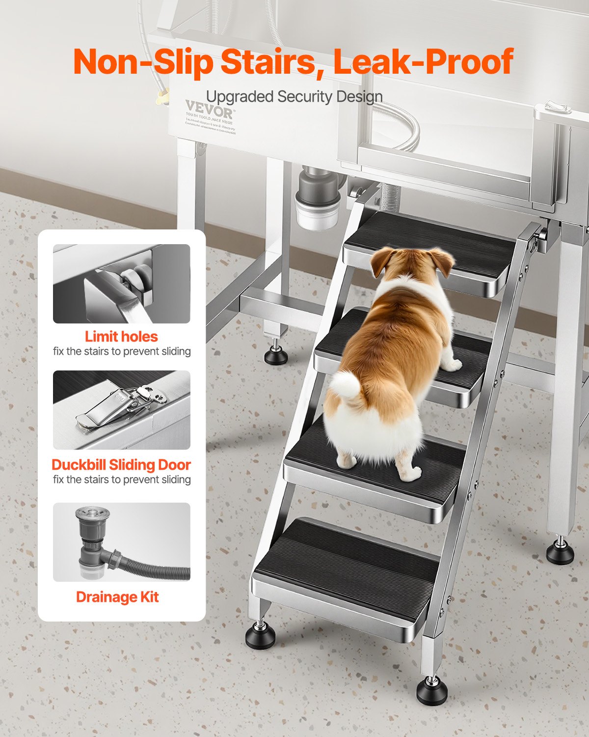 VEVOR Estación de Lavado para Perros 87 cm Acero Inoxidable, Bañera para Mascotas 100 kg con Grifos de Agua Fría y Caliente, Escalera, Drenaje, Ajuste de Presión para Hogar Veterinaria, Puerta Derecha