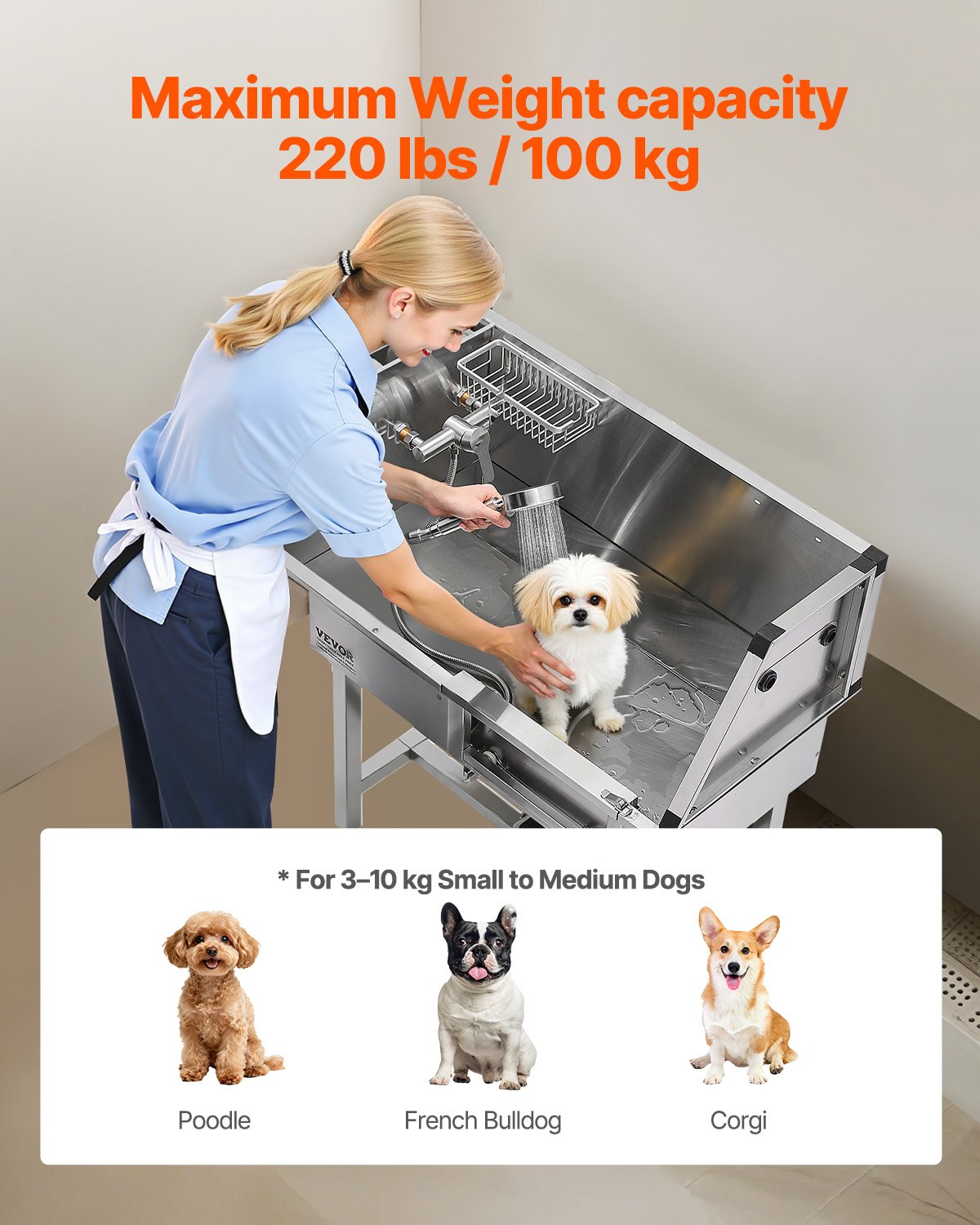 VEVOR Estación de Lavado para Perros 87 cm Acero Inoxidable, Bañera para Mascotas 100 kg con Grifos de Agua Fría y Caliente, Escalera, Drenaje, Ajuste de Presión para Hogar Veterinaria, Puerta Derecha