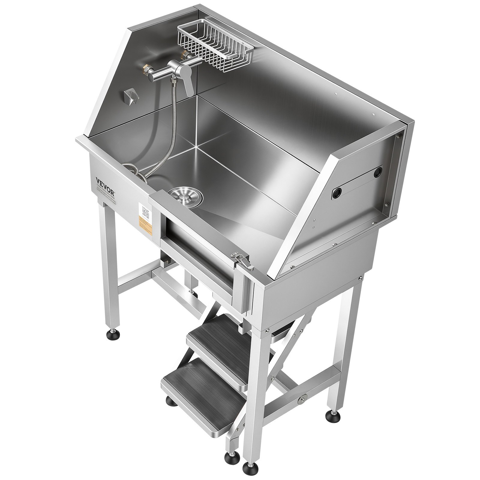 VEVOR Estación de Lavado para Perros 87 cm Acero Inoxidable, Bañera para Mascotas 100 kg con Grifos de Agua Fría y Caliente, Escalera, Drenaje, Ajuste de Presión para Hogar Veterinaria, Puerta Derecha