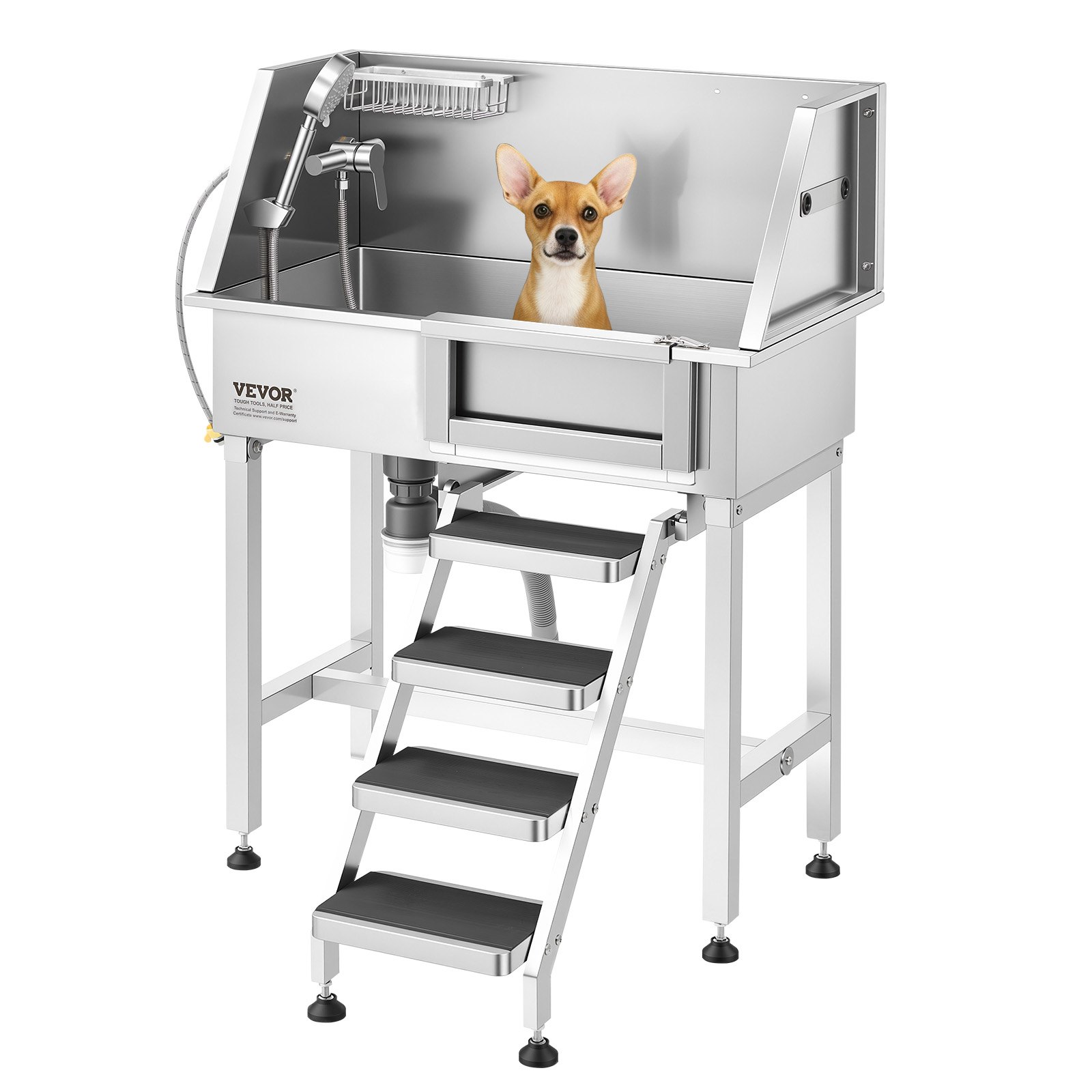 VEVOR Estación de Lavado para Perros 87 cm Acero Inoxidable, Bañera para Mascotas 100 kg con Grifos de Agua Fría y Caliente, Escalera, Drenaje, Ajuste de Presión para Hogar Veterinaria, Puerta Derecha