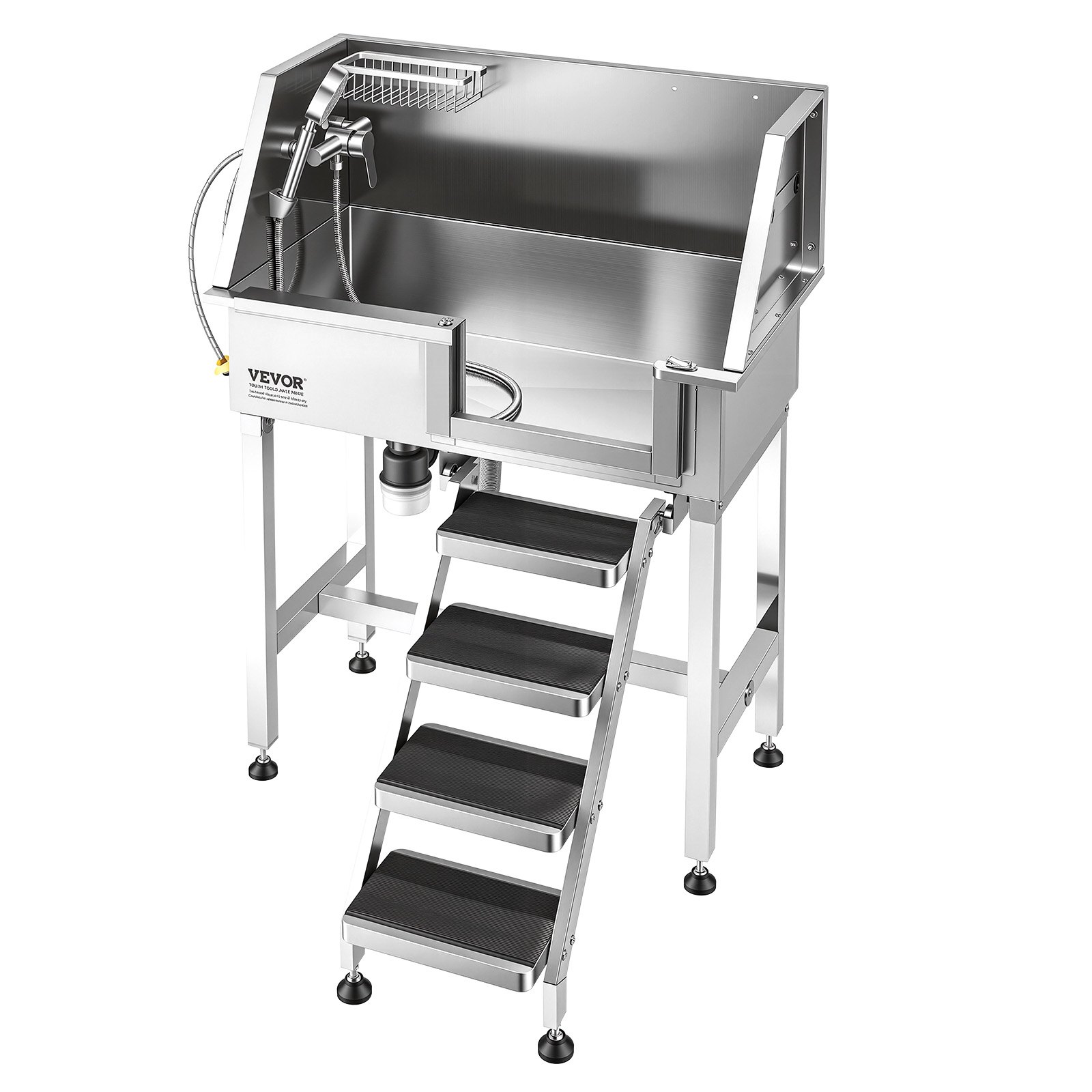 VEVOR Estación de Lavado para Perros 87 cm Acero Inoxidable, Bañera para Mascotas 100 kg con Grifos de Agua Fría y Caliente, Escalera, Drenaje, Ajuste de Presión para Hogar Veterinaria, Puerta Derecha