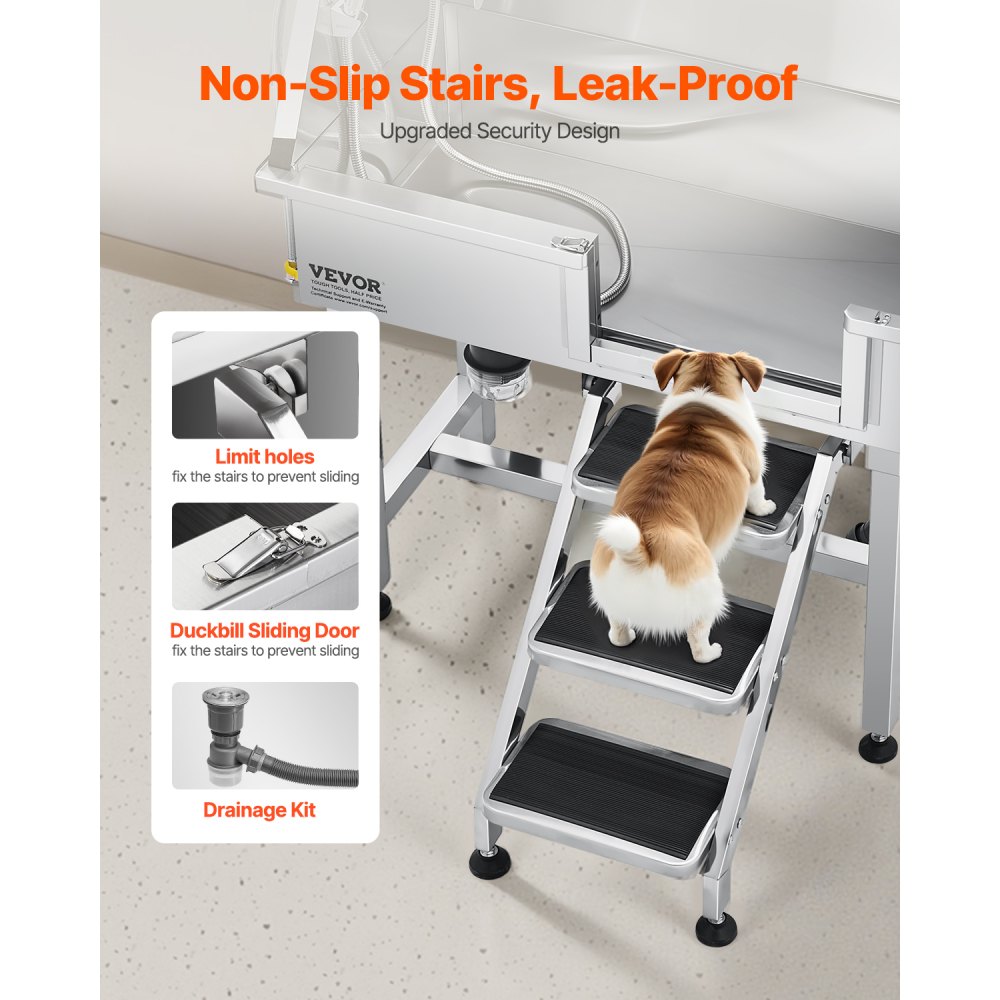 VEVOR Estación de Lavado para Perros de Acero Inoxidable, Bañera de 870 x 488 x 1025 mm con Escalera de Almacenamiento, Grifo, Ducha y Jabonera para Mascotas de Varios Tamaños, Puerta Derecha