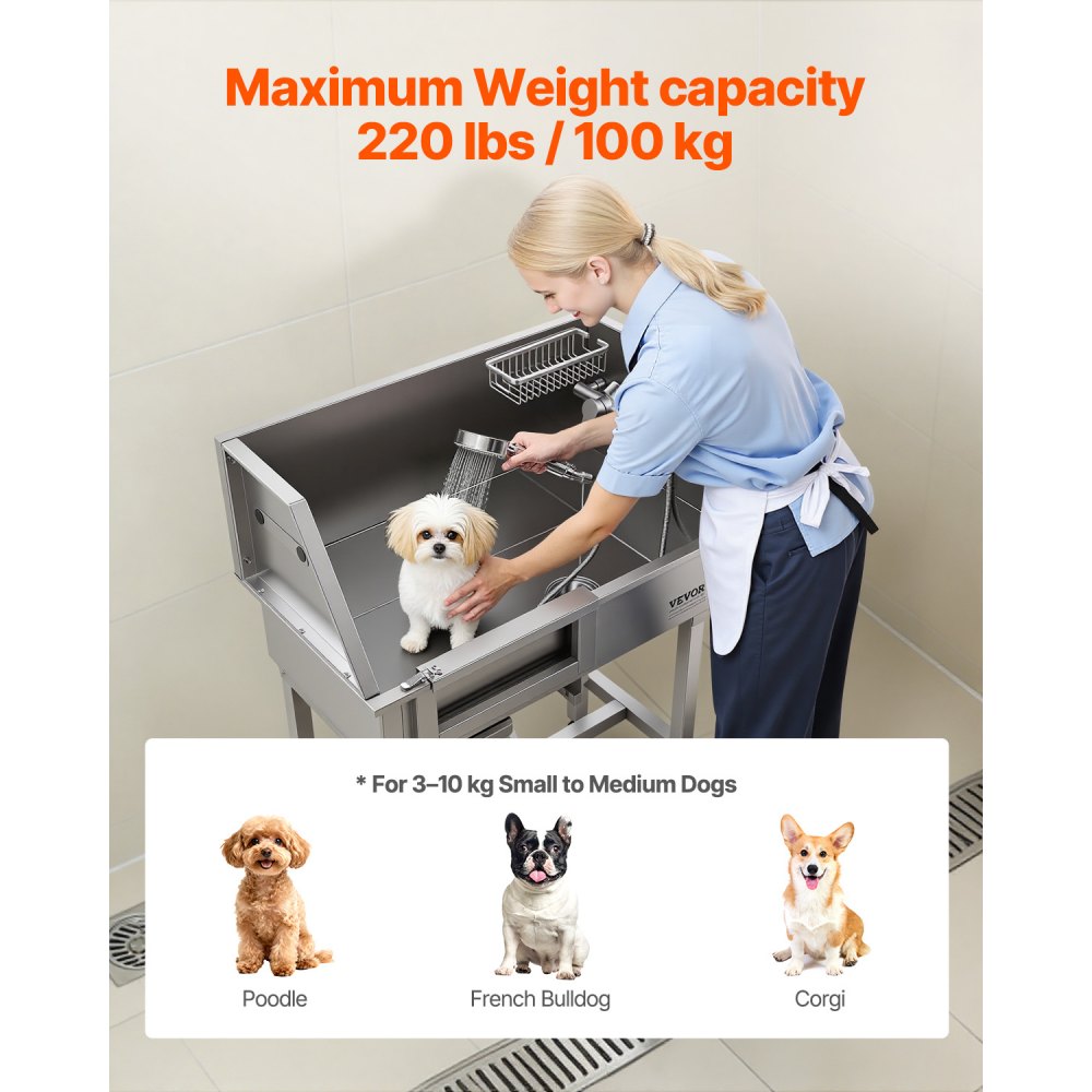 VEVOR Estación de Lavado para Perros 87cm Acero Inoxidable, Bañera para Mascotas 100kg con Grifos de Agua Fría y Caliente, Ajuste de Presión, Drenaje, Escalera para Hogar Veterinaria, Puerta Izquierda