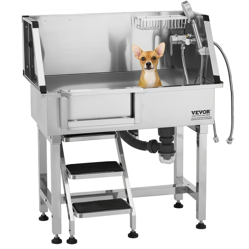 VEVOR Estación de Lavado para Perros de Acero Inoxidable, Bañera de 870 x 488 x 1025 mm con Escalera de Almacenamiento, Grifo, Ducha y Jabonera para Mascotas de Varios Tamaños, Puerta Izquierda