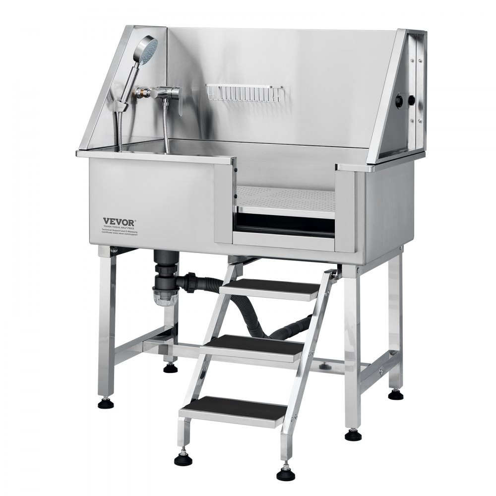 VEVOR Bañera de Acero Inoxidable para Perros 966 x 622 x 1220 mm Bañera Peluquería Canina Longitud de Mascota hasta 965,2 mm Tina de Aseo para Mascotas Capacidad de 100 kg Ducha de Lavado con Grifo