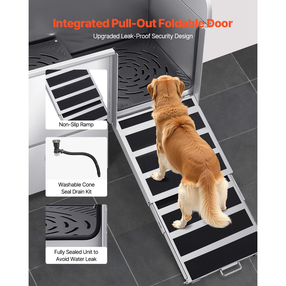 VEVOR Estación de Lavado de Perros de Acero Inoxidable, Bañera de 1275 x 795 x 1435 mm con Rampa, Grifo, Ducha y Correa Carga de 200 kg para Mascotas Grandes, Medianas y Pequeñas, Puerta Derecha