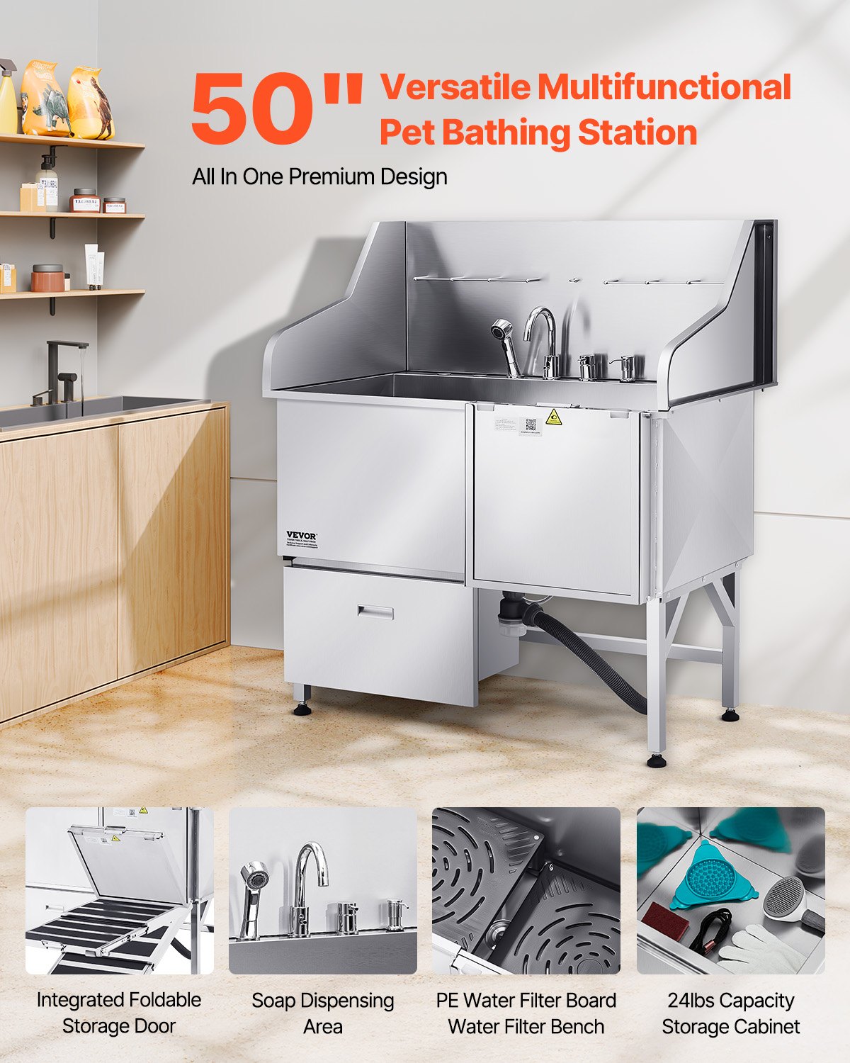 VEVOR Estación de Lavado de Perros de Acero Inoxidable, Bañera de 1275 x 795 x 1435 mm con Rampa, Grifo, Ducha y Correa Carga de 200 kg para Mascotas Grandes, Medianas y Pequeñas, Puerta Derecha