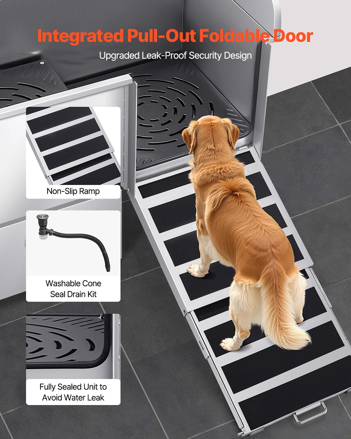 VEVOR Estación de Lavado de Perros de Acero Inoxidable, Bañera de 1275 x 795 x 1435 mm con Rampa, Grifo, Ducha y Correa Carga de 200 kg para Mascotas Grandes, Medianas y Pequeñas, Puerta Derecha