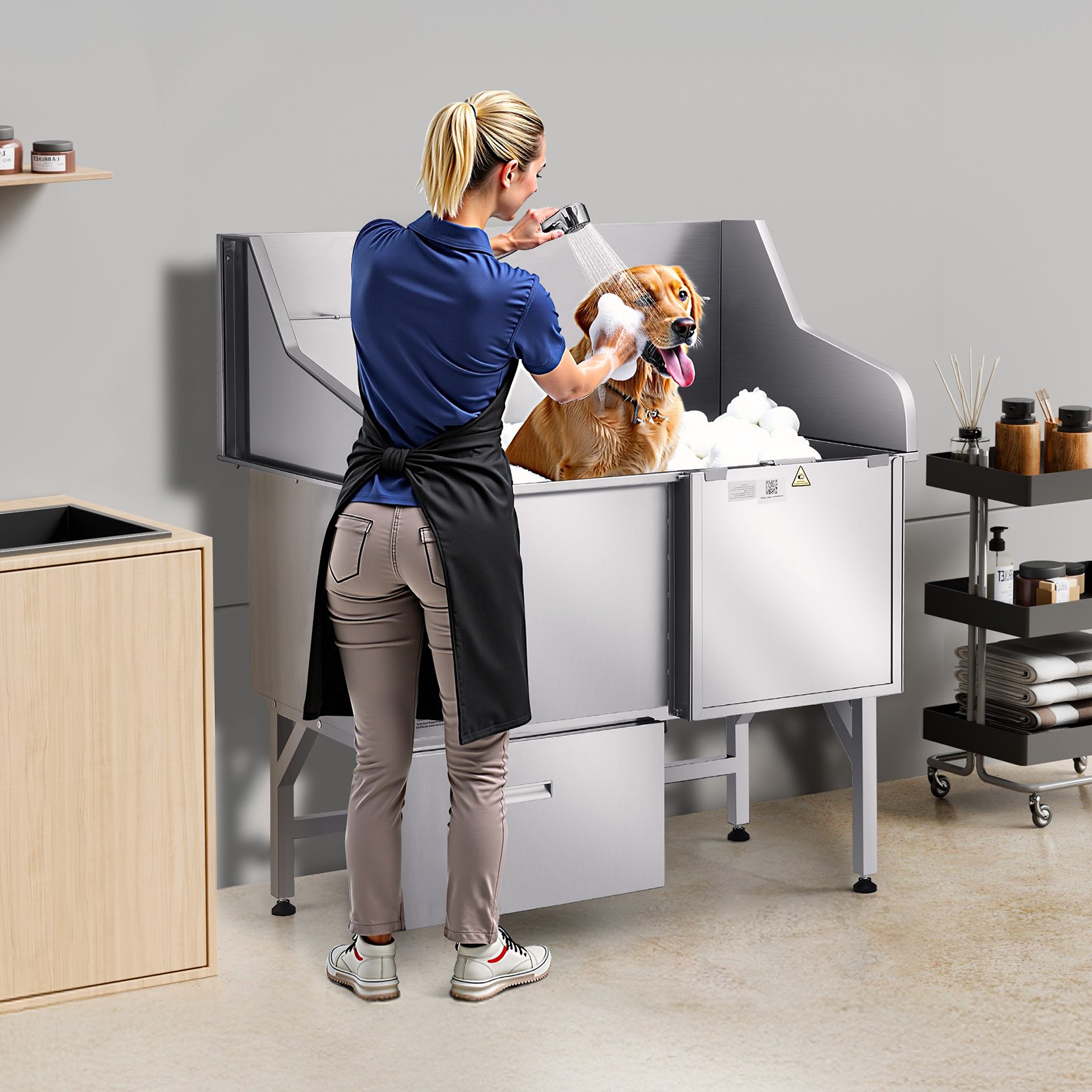 VEVOR Estación de Lavado de Perros de Acero Inoxidable, Bañera de 1275 x 795 x 1435 mm con Rampa, Grifo, Ducha y Correa Carga de 200 kg para Mascotas Grandes, Medianas y Pequeñas, Puerta Derecha