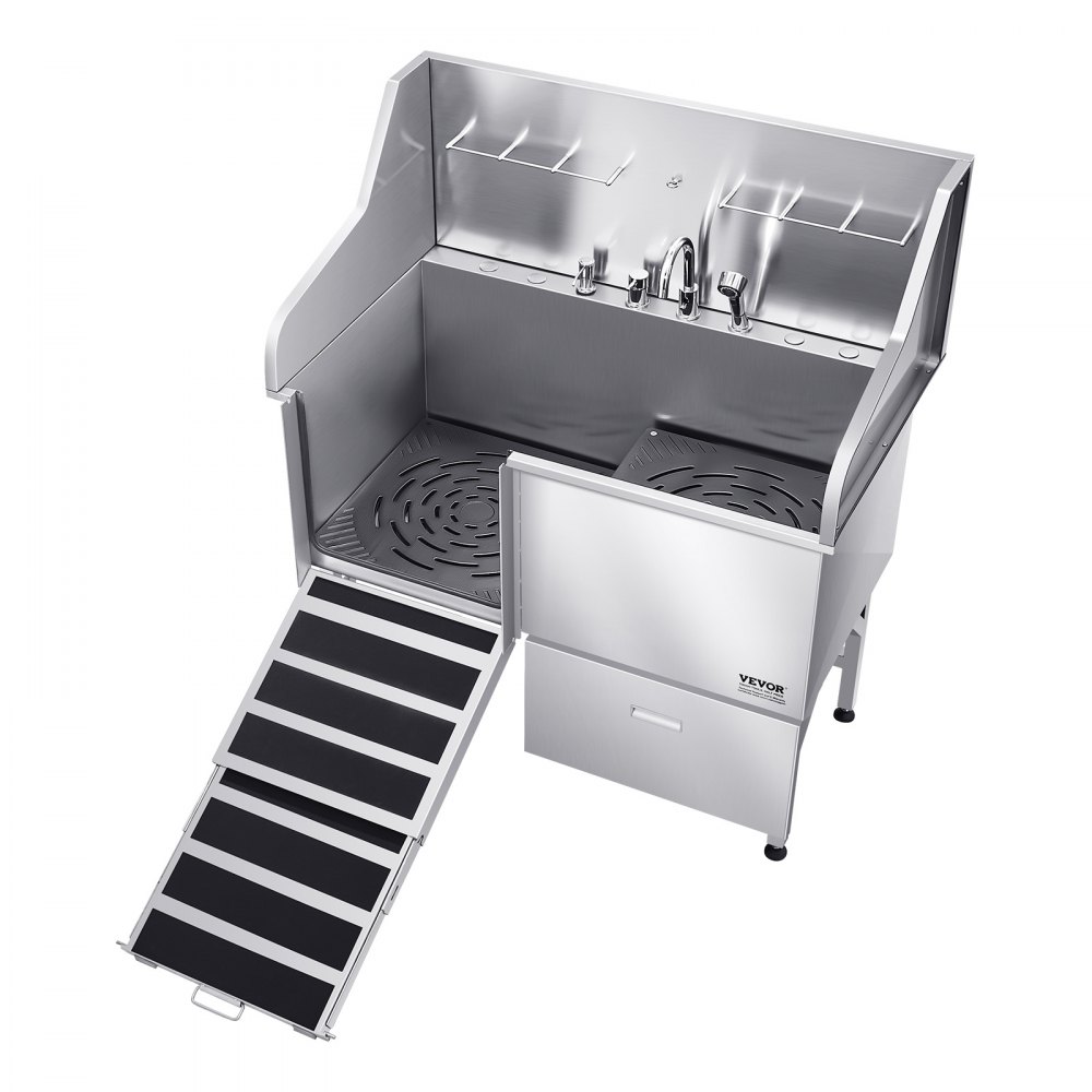 VEVOR Estación de Lavado para Perros de Acero Inoxidable, Bañera de 1275 x 795 x 1435 mm con Rampa, Grifo, Ducha, Correa y Jabonera para Mascotas Grandes, Medianas y Pequeñas, Puerta Izquierda