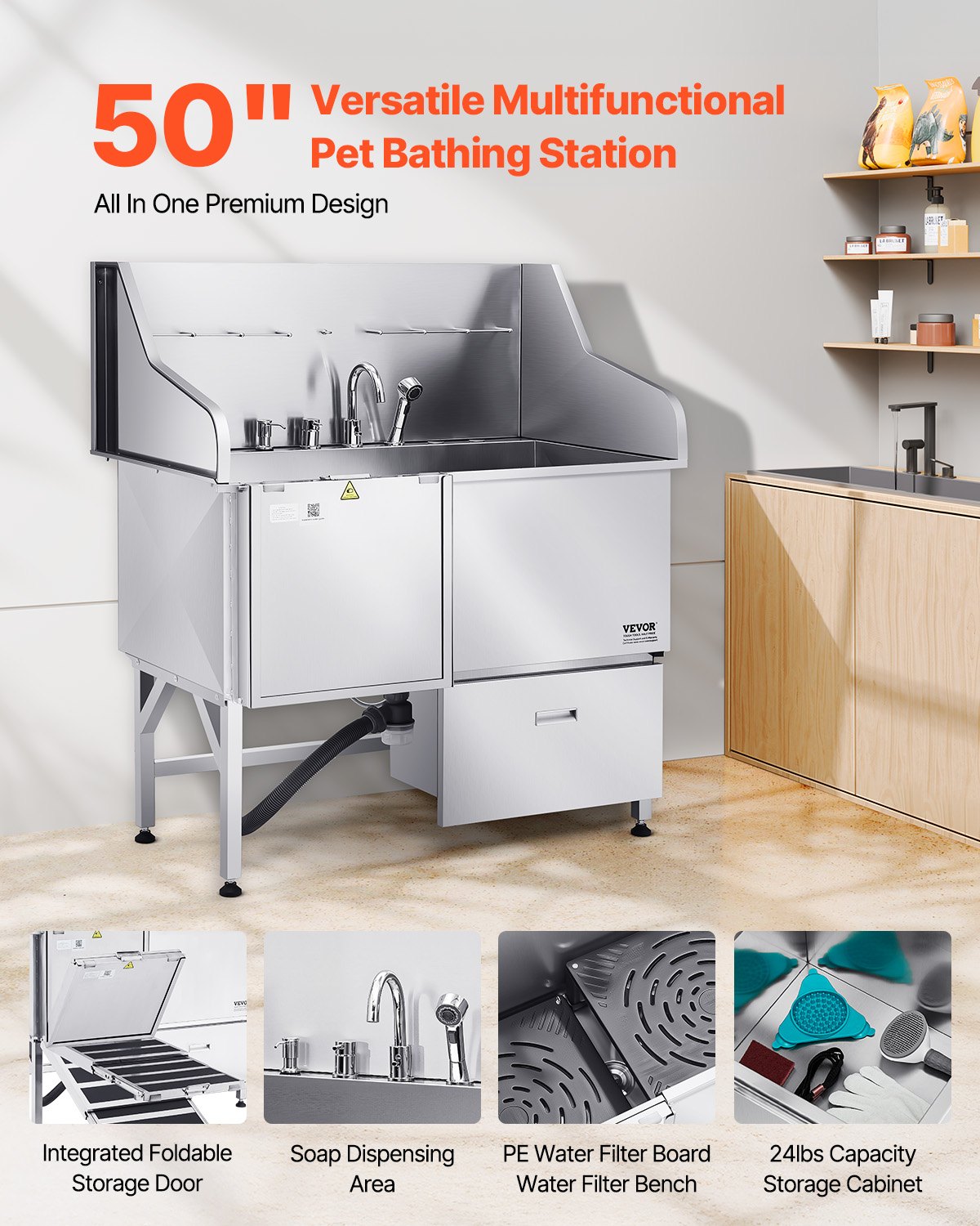 VEVOR Stainless Steel Dog Washing Station, 50" Pet Grooming Tub with Ramp, Faucet, Shower Head & Soap Holder, Dog Bath with Leash for Large, Medium & Small Pets (Left Door)