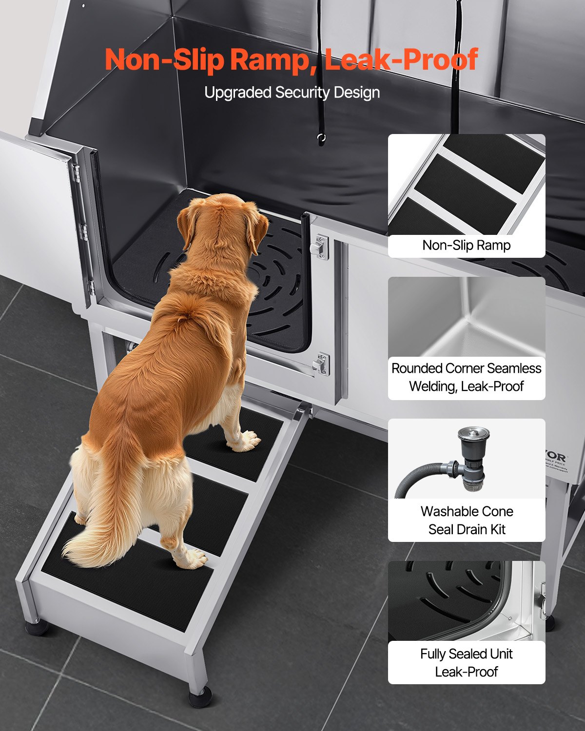VEVOR Estación de Lavado para Perros de Acero Inoxidable, Bañera de 1270 x 580 x 1495 mm con Rampa, Filtro de Agua de Polietileno, Grifo, Ducha y Jabonera para Varias Mascotas, Puerta Izquierda