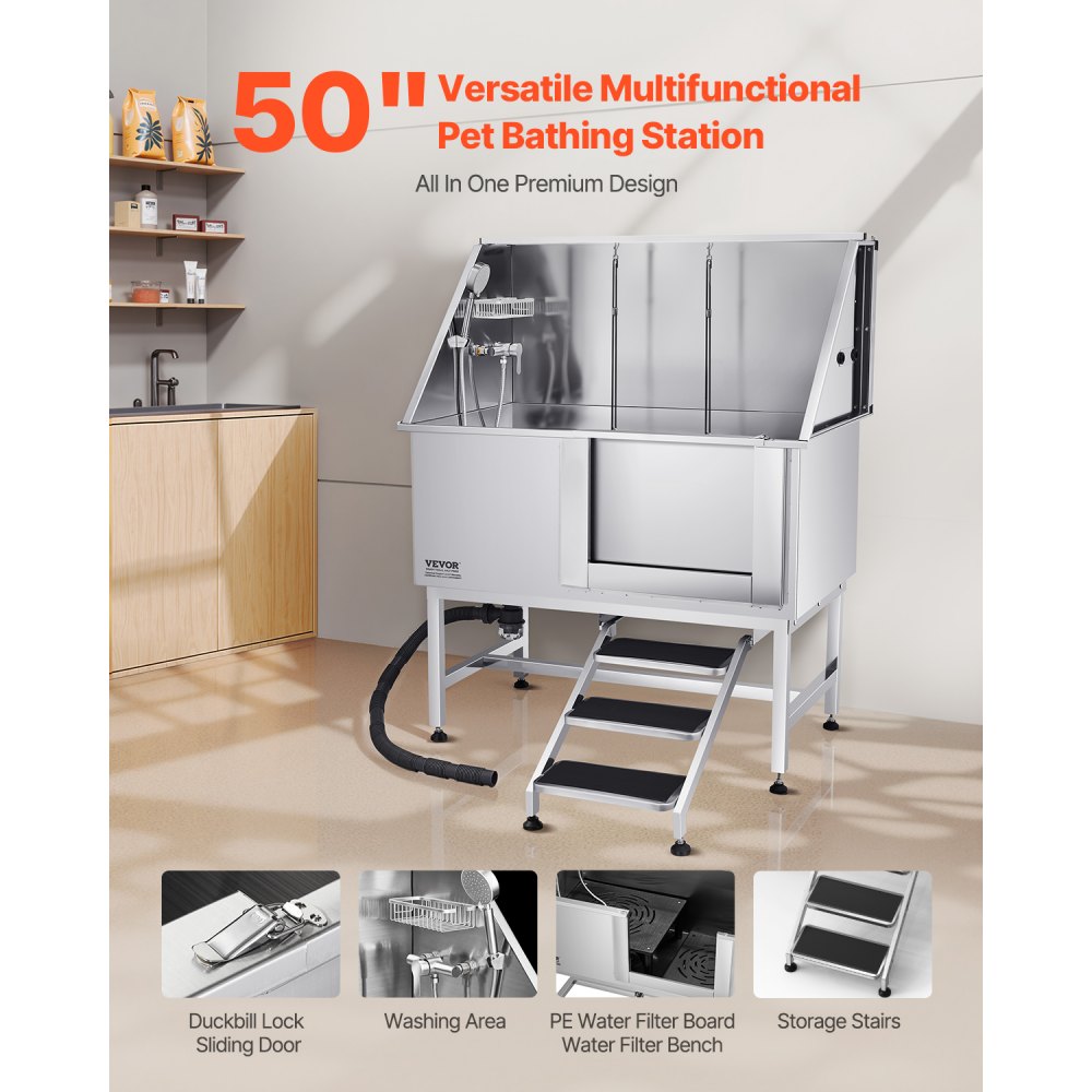 VEVOR Estación de Lavado para Perros de Acero Inoxidable, Bañera de 1270 x 700 x 1545 mm con Escalera, Filtro de Agua de Polietileno, Grifo, Ducha y Jabonera para Varias Mascotas, Puerta Derecha