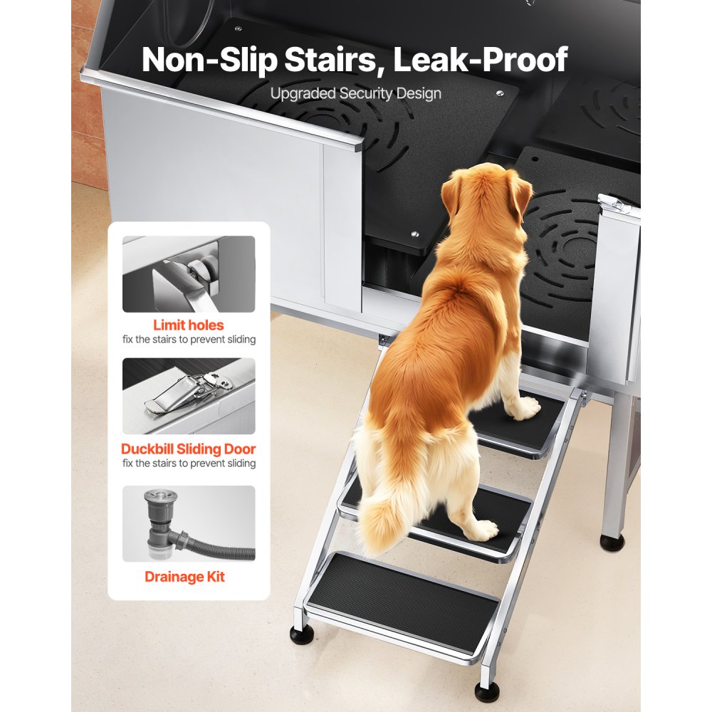 VEVOR Estación de Lavado para Perros de Acero Inoxidable, Bañera de 1270 x 700 x 1545 mm con Escalera, Filtro de Agua de Polietileno, Grifo, Ducha y Jabonera para Varias Mascotas, Puerta Derecha