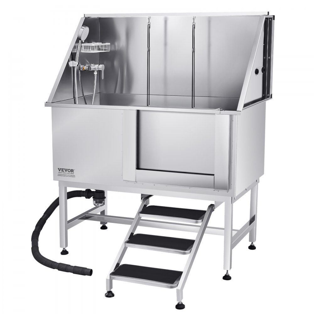 VEVOR Estación de Lavado para Perros de Acero Inoxidable, Bañera de 1270 x 700 x 1545 mm con Escalera, Filtro de Agua de Polietileno, Grifo, Ducha y Jabonera para Varias Mascotas, Puerta Derecha