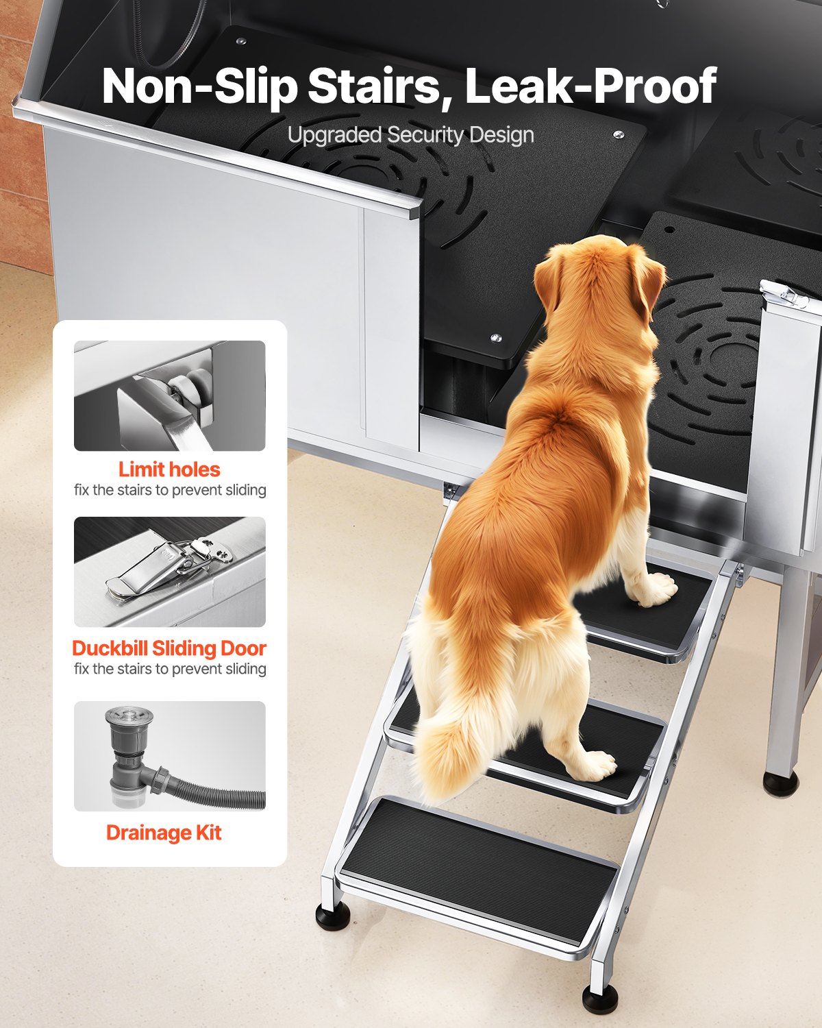VEVOR Estación de Lavado para Perros de Acero Inoxidable, Bañera de 1270 x 700 x 1545 mm con Escalera, Filtro de Agua de Polietileno, Grifo, Ducha y Jabonera para Varias Mascotas, Puerta Derecha
