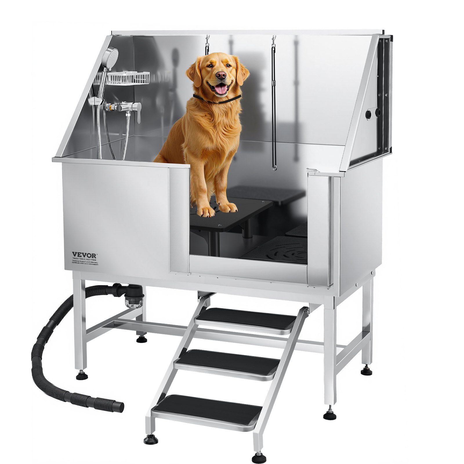 VEVOR Estación de Lavado para Perros de Acero Inoxidable, Bañera de 1270 x 700 x 1545 mm con Escalera, Filtro de Agua de Polietileno, Grifo, Ducha y Jabonera para Varias Mascotas, Puerta Derecha