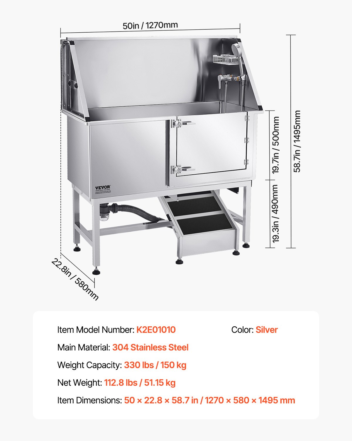 VEVOR Stainless Steel Dog Washing Station, 1270x580x1495 mm Pet Grooming Tub with Ramp, PE Water Filter Plate, Faucet, Shower Head & Soap Holder, for Large, Medium & Small Pets (Right Door)