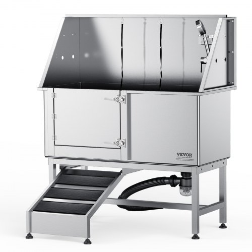 VEVOR Bañera de Acero Inoxidable para Perros Gatos 127 x 58 x 151 cm Bañera Peluquería Canina para Mascotas hasta 1270 mm Tina de Aseo Capacidad de 150 kg con Caja de Jabón Grifo Rampa Izquierda