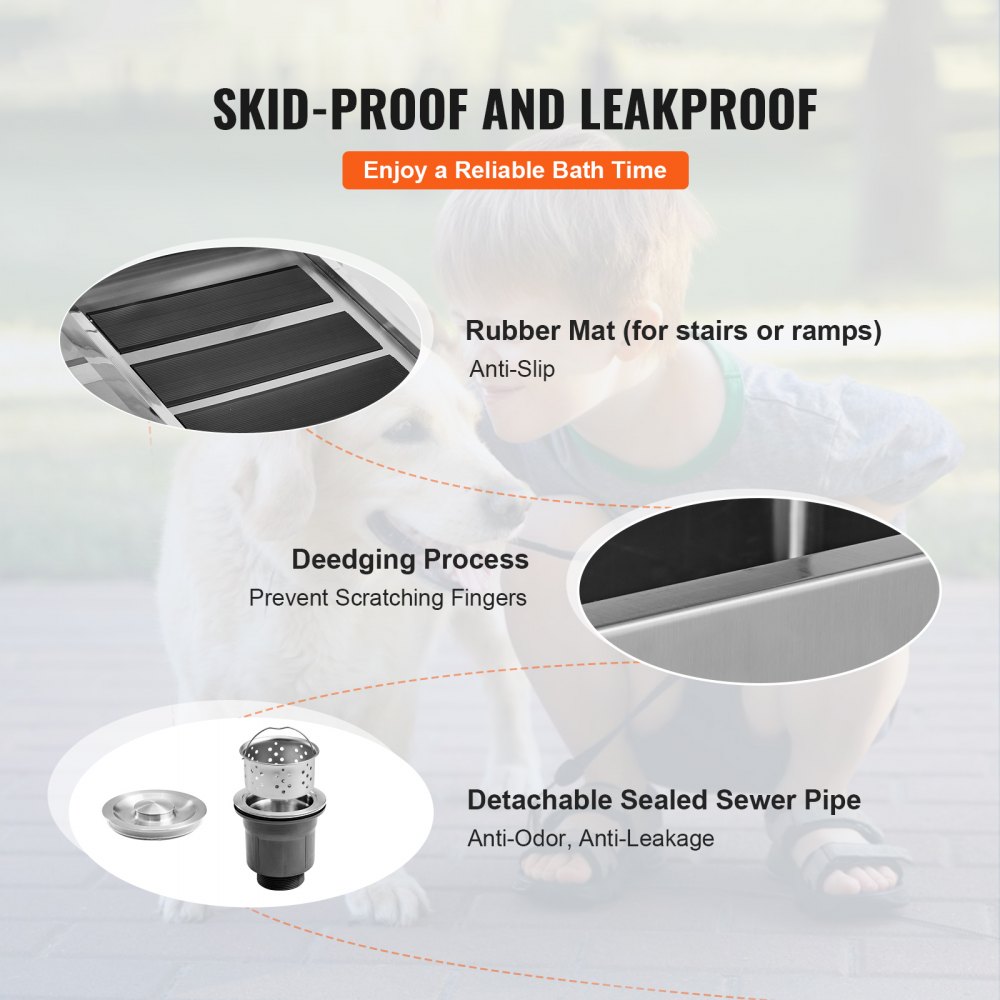 VEVOR Bañera de Acero Inoxidable para Perros Gatos 127 x 58 x 151 cm Bañera Peluquería Canina para Mascotas hasta 1270 mm Tina de Aseo Capacidad de 150 kg con Caja de Jabón Grifo Rampa Izquierda