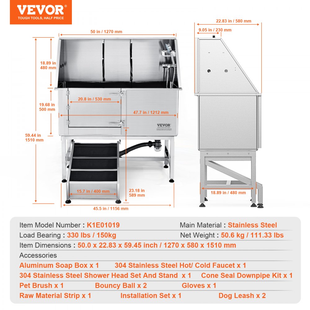VEVOR Bañera de Acero Inoxidable para Perros Gatos 127 x 58 x 151 cm Bañera Peluquería Canina para Mascotas hasta 1270 mm Tina de Aseo Capacidad de 150 kg con Caja de Jabón Grifo Rampa Izquierda
