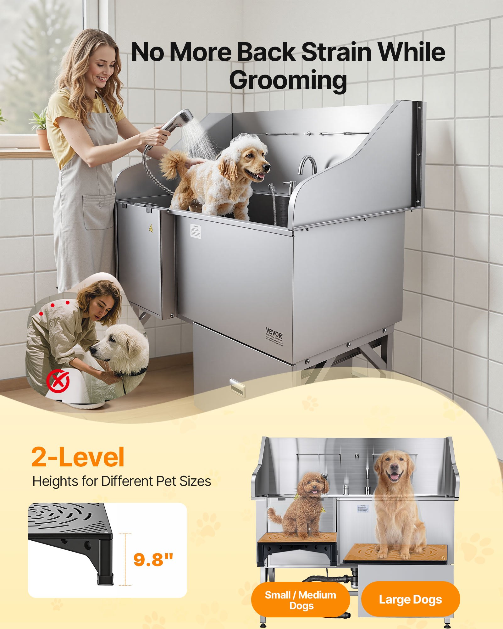 VEVOR Estación de Lavado para Perros de Acero Inoxidable, Bañera de 155 x 79 x 147 cm con Rampa, Filtro de Agua, Grifo, Ducha y Correa para Mascotas Grandes, Medianas y Pequeñas, Puerta Derecha
