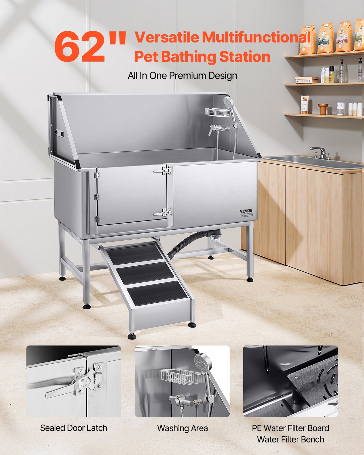 VEVOR Estación de Lavado para Perros de Acero Inoxidable, Bañera de 1500 x 700 x 1495 mm con Rampa, Filtro de Agua de Polietileno, Grifo, Ducha y Jabonera para Varias Mascotas, Puerta Izquierda