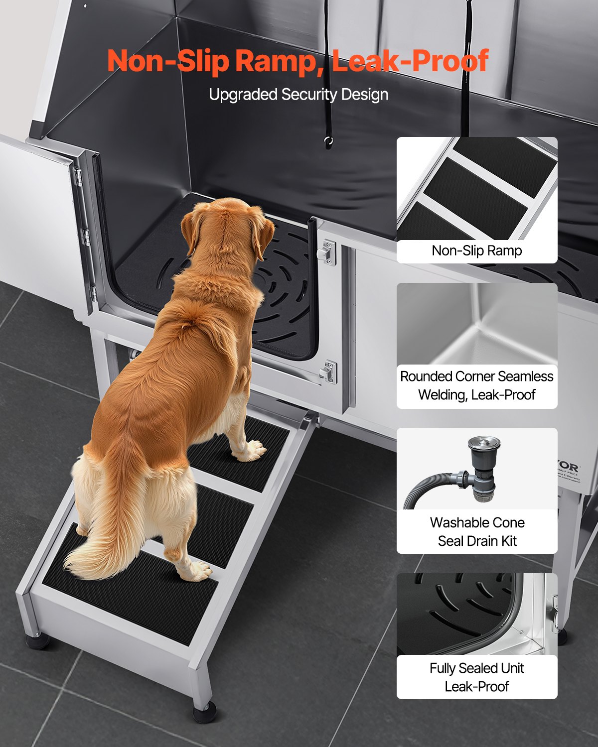 VEVOR Estación de Lavado para Perros de Acero Inoxidable, Bañera de 1500 x 700 x 1495 mm con Rampa, Filtro de Agua de Polietileno, Grifo, Ducha y Jabonera para Varias Mascotas, Puerta Izquierda