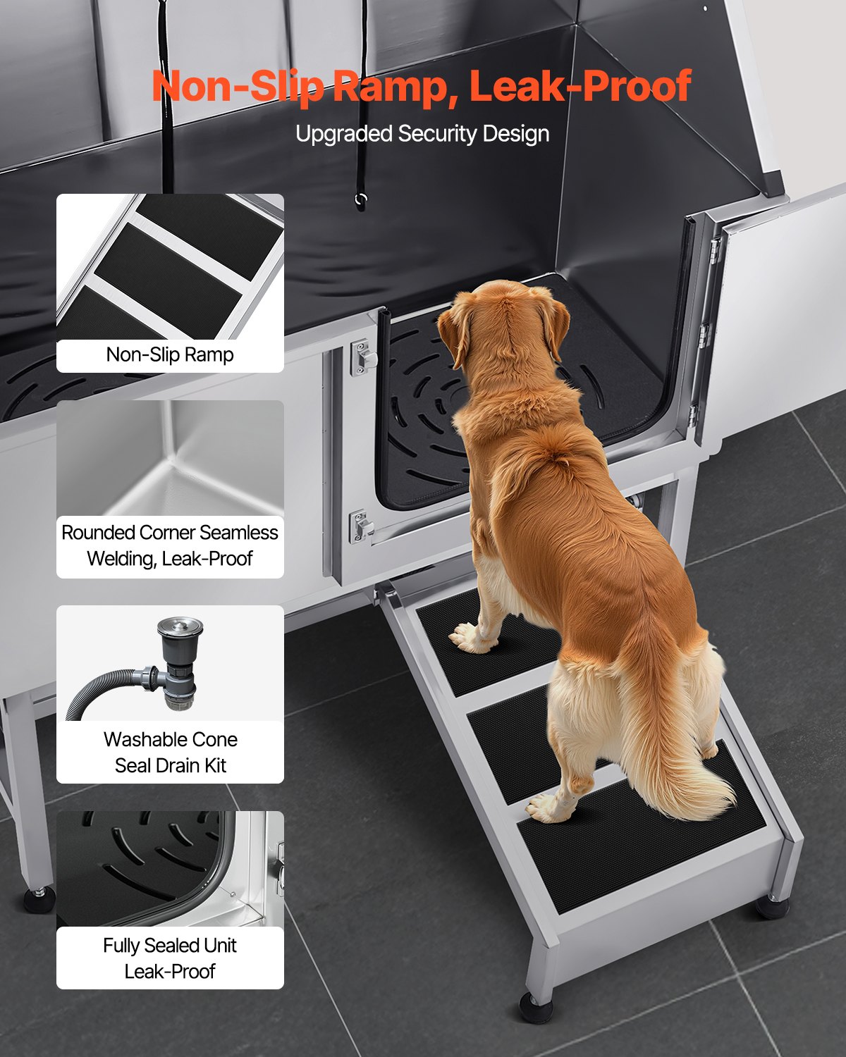 VEVOR Estación de Lavado para Perros de Acero Inoxidable, Bañera de 1500 x 700 x 1495 mm con Rampa, Filtro de Agua de Polietileno, Grifo, Ducha y Jabonera para Varias Mascotas, Puerta Derecha