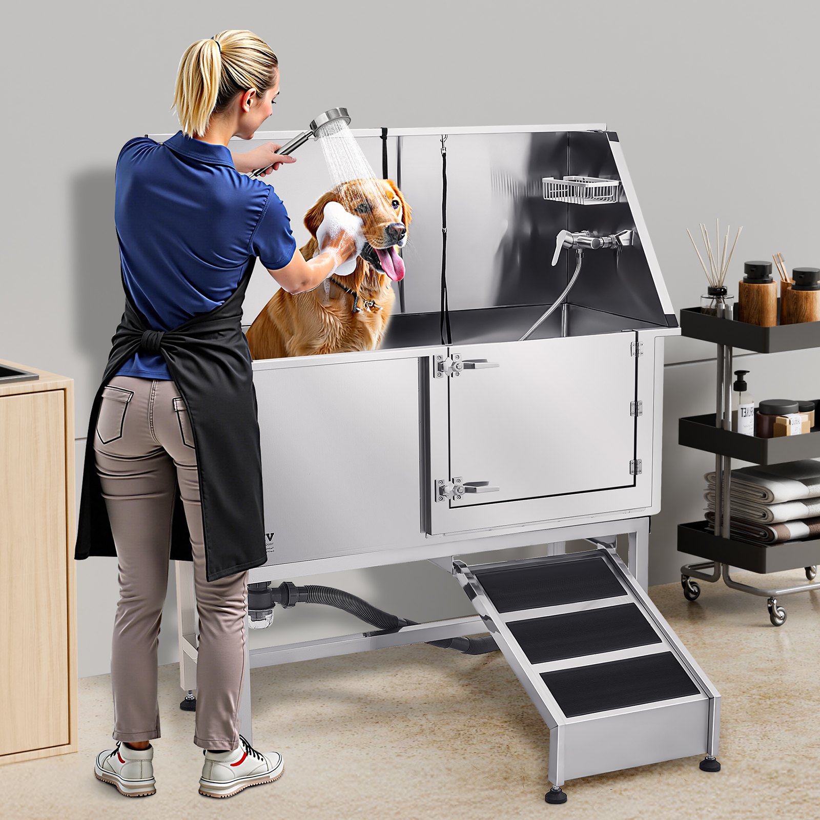 VEVOR Stainless Steel Dog Washing Station, 1500x700x1495 mm Pet Grooming Tub with Ramp, PE Water Filter Plate, Faucet, Shower Head & Soap Holder, for Large, Medium & Small Pets (Right Door)