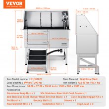 VEVOR Bañera de Acero Inoxidable para Perros Gatos 150 x 70 x 150 cm Bañera Peluquería Canina para Mascotas hasta 1574,8 mm Tina de Aseo Capacidad de 200 kg con Caja de Jabón Grifo Rampa Izquierda