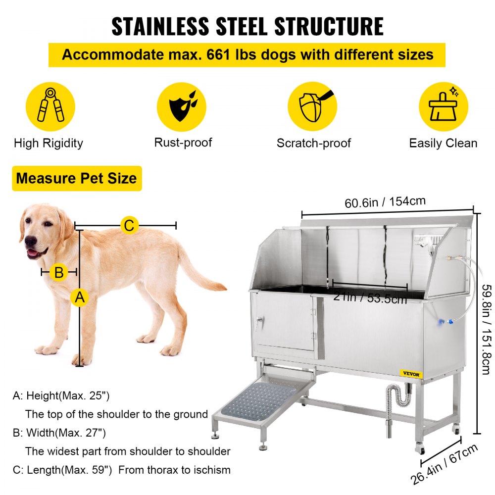 VEVOR Bañeras de Acero Inoxidable para Perros Mascotas 149,9 cm Puerta Izquierda