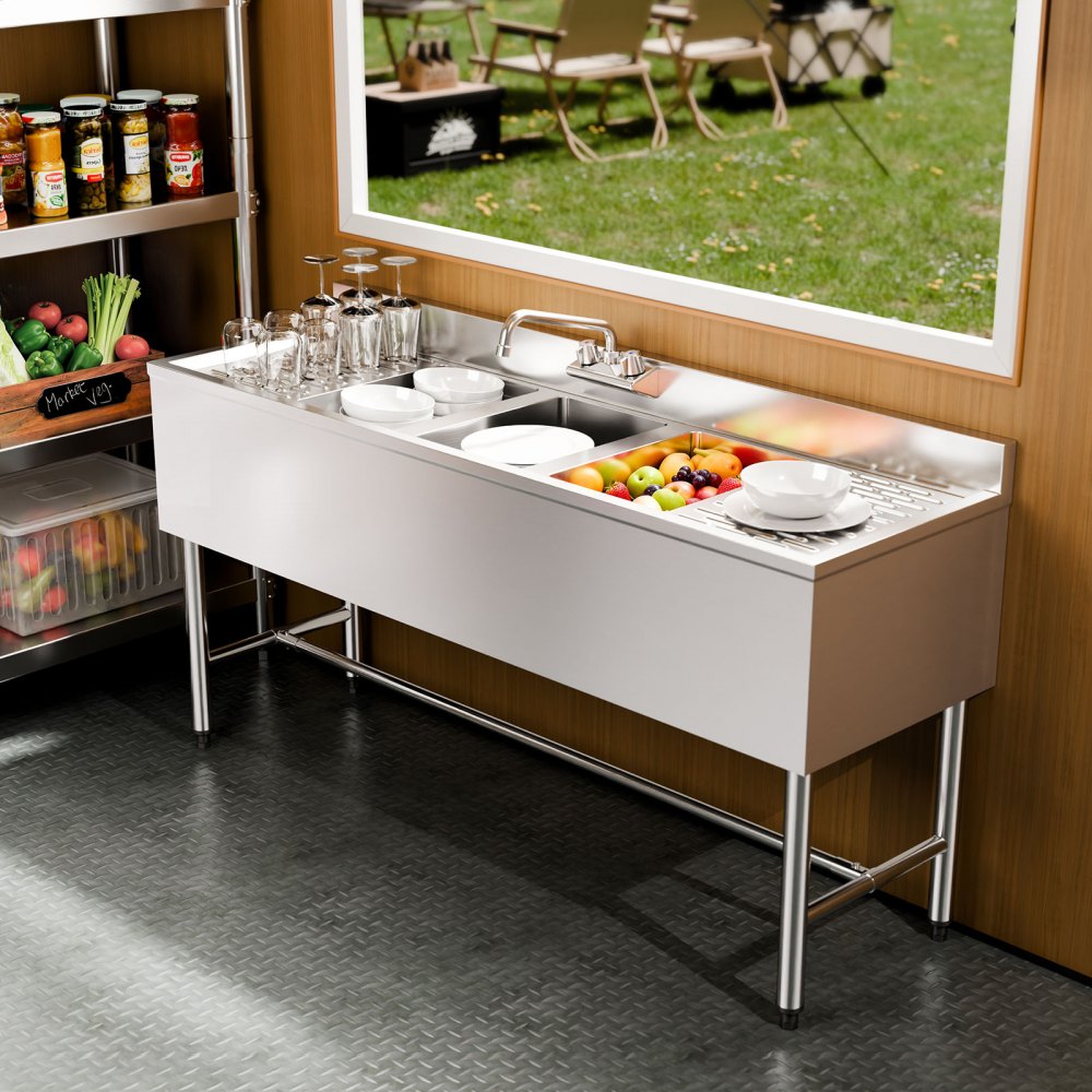 VEVOR Fregadero Independiente de 3 Compartimentos con Grifo, Acero Inoxidable, Lavabo de 1524 x 470 x 838 mm con 2 Escurridores, Protector Antisalpicaduras para Hogares Exteriores Cocinas Restaurantes