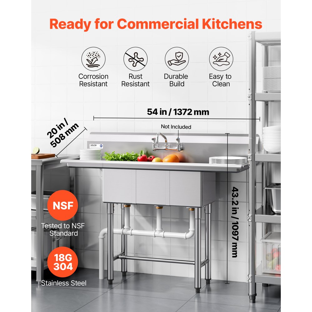 VEVOR Fregadero Independiente de 3 Compartimentos, Acero Inoxidable 304, Lavabo móvil de 1372 x 508 x 1097 mm con 2 Escurridores, Protector Antisalpicaduras para Cocina Restaurante Hogares Exteriores