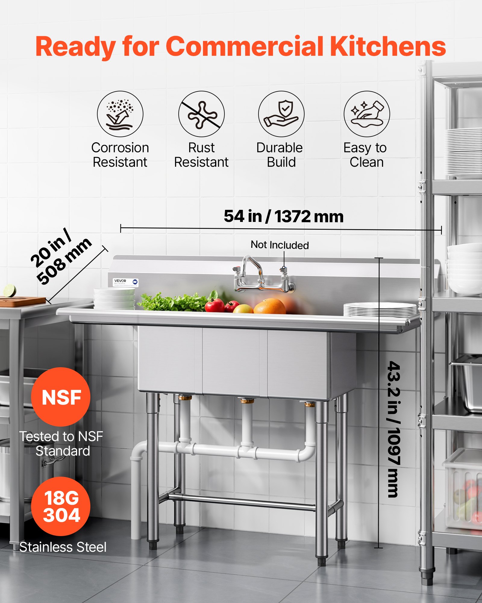 VEVOR Fregadero Independiente de 3 Compartimentos, Acero Inoxidable 304, Lavabo móvil de 1372 x 508 x 1097 mm con 2 Escurridores, Protector Antisalpicaduras para Cocina Restaurante Hogares Exteriores