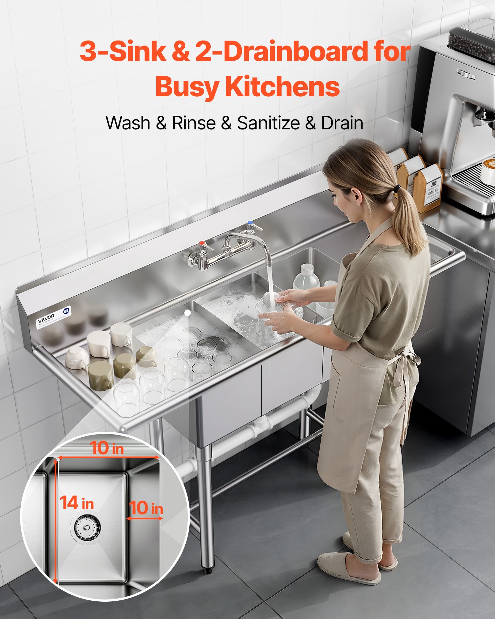 VEVOR Fregadero Independiente de 3 Compartimentos, Acero Inoxidable 304, Lavabo móvil de 1372 x 508 x 1097 mm con 2 Escurridores, Protector Antisalpicaduras para Cocina Restaurante Hogares Exteriores